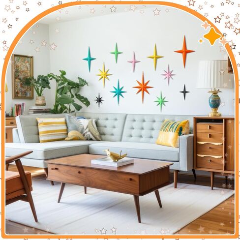 Blulu 12 قطعة ديكور حديث لمنتصف القرن Mcm Retro 3D Starburst Art Wall النحت، بلاستيك 8 نجوم ذرية مدببة عتيقة لهجة سماوية سماوية لديكور غرفة المكتب المنزلي in Saudi Arabia