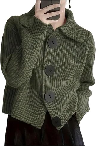 Women's Collared Button Down Cardigan Ribbed Knit Drop Shoulder Sweaters Fall Tops in Saudi Arabia