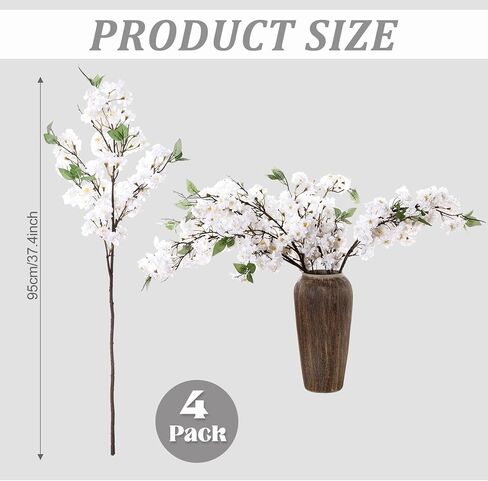 Artificial Cherry Blossom Branches 38 Inch Fake Wedding Silk Cherry Blossom Tree Stems 4 Pcs Faux Flowers Floral Arrangements for Home Vase Wedding Table Decor(White) in Saudi Arabia