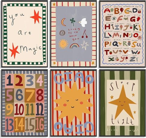 6Pcs Colorful Kids Room Wall Art Digital Letter Educational Wall Decor Prints Boho Colorful Stripes Paintings Artwork Star Sun Pictures for Nursery School Home Decoration 8x10in No frame in Saudi Arabia