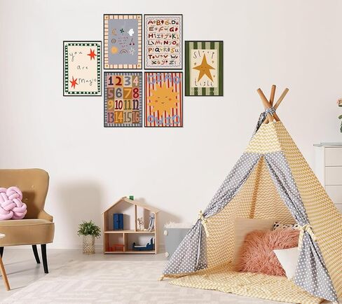 6Pcs Colorful Kids Room Wall Art Digital Letter Educational Wall Decor Prints Boho Colorful Stripes Paintings Artwork Star Sun Pictures for Nursery School Home Decoration 8x10in No frame in Saudi Arabia