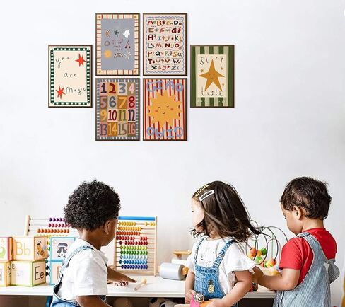 6Pcs Colorful Kids Room Wall Art Digital Letter Educational Wall Decor Prints Boho Colorful Stripes Paintings Artwork Star Sun Pictures for Nursery School Home Decoration 8x10in No frame in Saudi Arabia