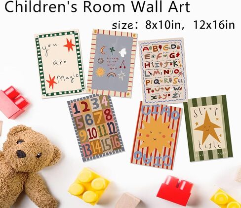6Pcs Colorful Kids Room Wall Art Digital Letter Educational Wall Decor Prints Boho Colorful Stripes Paintings Artwork Star Sun Pictures for Nursery School Home Decoration 8x10in No frame in Saudi Arabia