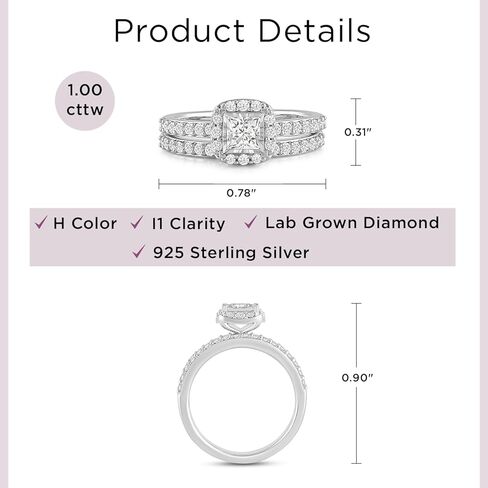 Jewelili 925 Sterling Silver Diamond Ring for Women | 1.0 CTW Princess and Round Cut Wedding Engagement Rings | H Color I1 Clarity | Lab Grown Diamond Ring | Size 6,7 & 8 in Saudi Arabia