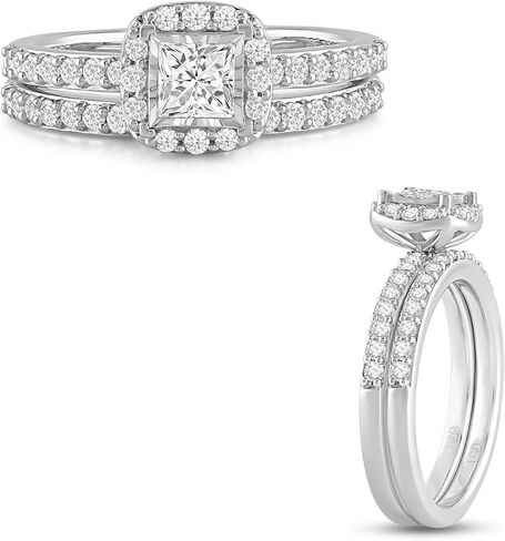 Jewelili 925 Sterling Silver Diamond Ring for Women | 1.0 CTW Princess and Round Cut Wedding Engagement Rings | H Color I1 Clarity | Lab Grown Diamond Ring | Size 6,7 & 8 in Saudi Arabia