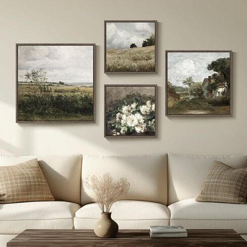 3 Piece Framed Vintage Canvas Wall Art Set, Large Green Floral and Tree Landscape Farmhouse Painting Print, French Country Retro Flower Artwork Decor for Living Room, Bedroom and Fireplace in Saudi Arabia