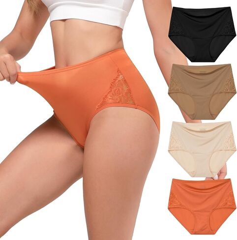 INNERSY Women's High Waisted Lace Underwear Full Coverage Silky Nylon Briefs Panties 4-Pack in Kuwait