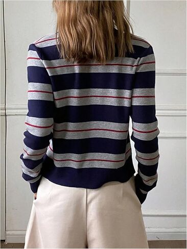 سترات نسائية مخططة Preppy برقبة دائرية وأزرار سفلية، سترات علوية محبوكة، قطع علوية للخريف in Saudi Arabia