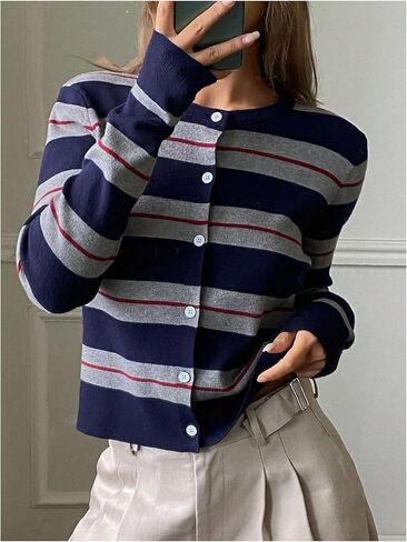 سترات نسائية مخططة Preppy برقبة دائرية وأزرار سفلية، سترات علوية محبوكة، قطع علوية للخريف in Saudi Arabia