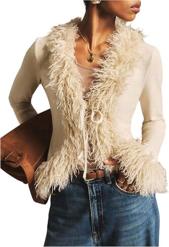 SOLY HUX Women's Tie Front Cropped Cardigan Sweaters Fuzzy Deep V Neck Long Sleeve Fall Winter Clothes in Saudi Arabia