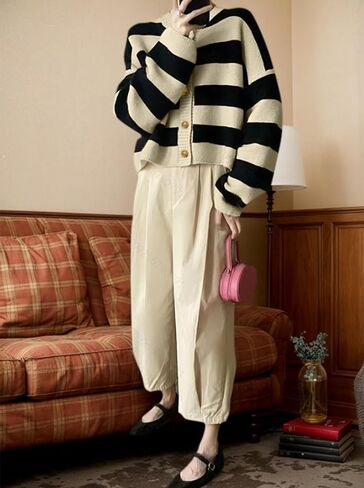 Womens Button Down Stripe Fall Casual Knit Cardigan Long Sleeve Fashion Comfy Outerwear in Saudi Arabia