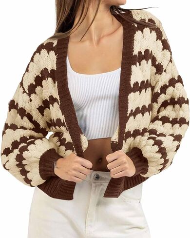 Womens Cropped Cardigan Striped Open Front Long Lantern Sleeve Color Block Loose Chunky Knit Sweater Coat in Saudi Arabia