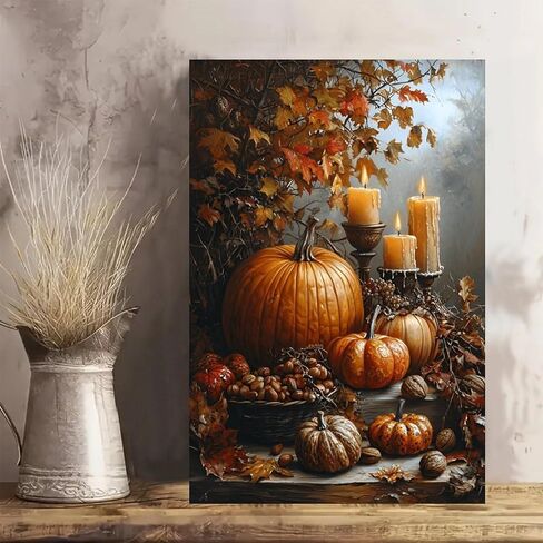 Autumn Pumpkins Candles Nuts Vintage Rustic Canvas Wall Art - 12x18in Unframed Poster- Home & Office Decor for Living Room, Bedroom, Kitchen & Cafe in Saudi Arabia