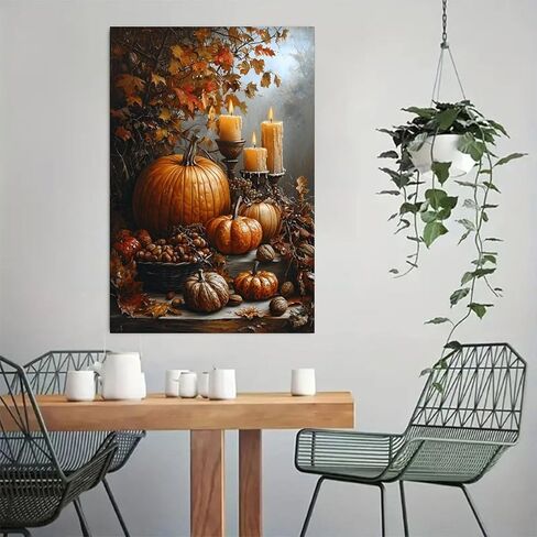 Autumn Pumpkins Candles Nuts Vintage Rustic Canvas Wall Art - 12x18in Unframed Poster- Home & Office Decor for Living Room, Bedroom, Kitchen & Cafe in Saudi Arabia