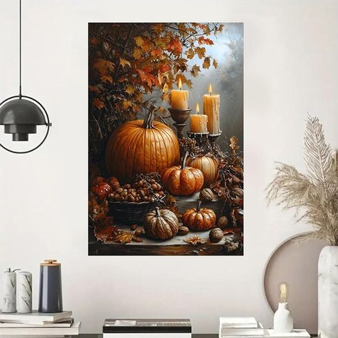 Autumn Pumpkins Candles Nuts Vintage Rustic Canvas Wall Art - 12x18in Unframed Poster- Home & Office Decor for Living Room, Bedroom, Kitchen & Cafe in Saudi Arabia