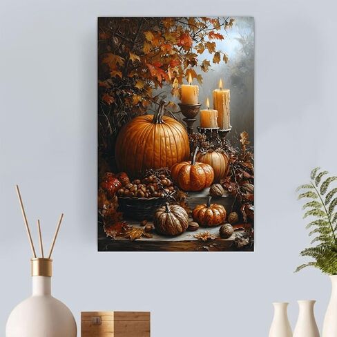 Autumn Pumpkins Candles Nuts Vintage Rustic Canvas Wall Art - 12x18in Unframed Poster- Home & Office Decor for Living Room, Bedroom, Kitchen & Cafe in Saudi Arabia