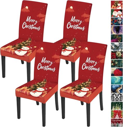 Santa Claus Snowman Christmas Chair Covers Set of 4, Red Holiday Dining Chair Slipcovers with Gifts Christmas Tree, Washable Stretch Fabric Chair Protectors for Kitchen Dining Room Decor in Saudi Arabia