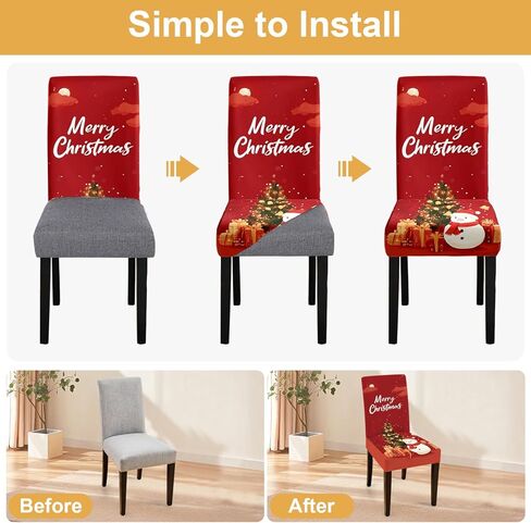 Santa Claus Snowman Christmas Chair Covers Set of 4, Red Holiday Dining Chair Slipcovers with Gifts Christmas Tree, Washable Stretch Fabric Chair Protectors for Kitchen Dining Room Decor in Saudi Arabia
