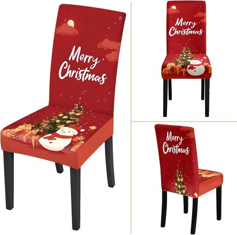 Santa Claus Snowman Christmas Chair Covers Set of 4, Red Holiday Dining Chair Slipcovers with Gifts Christmas Tree, Washable Stretch Fabric Chair Protectors for Kitchen Dining Room Decor in Saudi Arabia