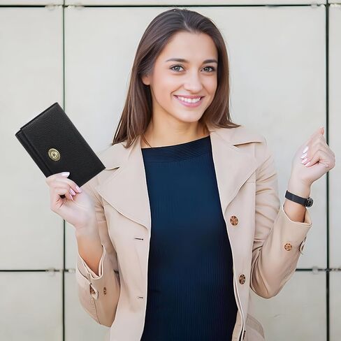 محفظة FuninCrea النسائية، محفظة نسائية من جلد البولي يوريثان، محفظة ثلاثية الطي مع جيب بسحاب للسيدات والفتيات للسفر (أسود، S) in Kuwait