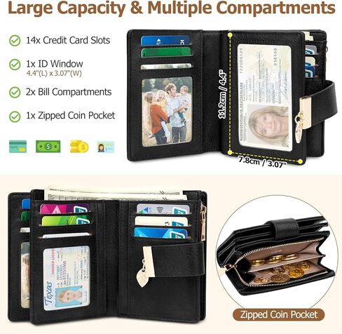 Genuine Leather Wallet for Women RFID Blocking Bifold with Zipper Pocket & ID Window (Black) in Saudi Arabia