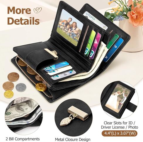 Genuine Leather Wallet for Women RFID Blocking Bifold with Zipper Pocket & ID Window (Black) in Saudi Arabia