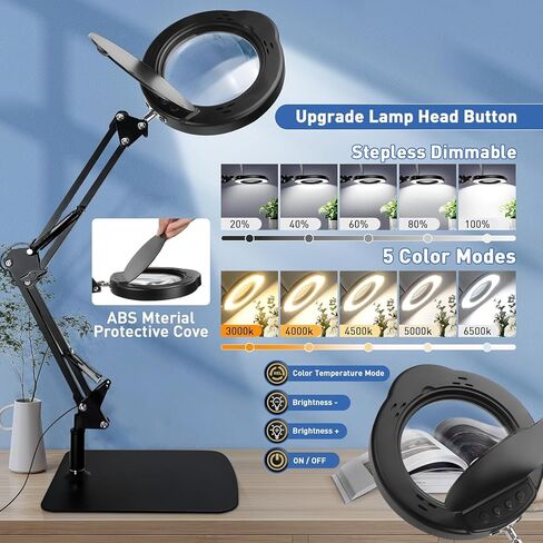 10X Desk Magnifying Glass with Light and Stand,Real Glass LED Lighted Magnifier,5 Color Modes Stepless Dimmable,Hands Free Metal Desk Lamp for Craft Reading Painting Hobby Close Work in Saudi Arabia