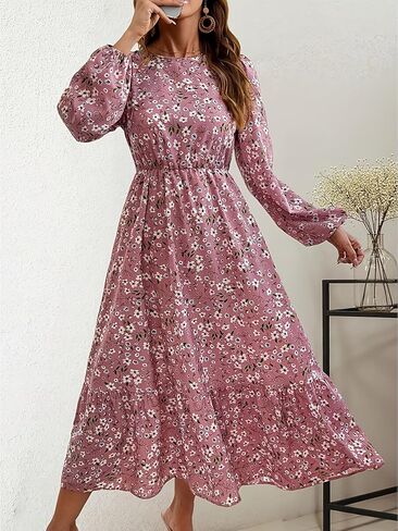 Women's Puff Long Sleeve Floral Print Dress Crewneck Swing Flowy Ruffle Hem Midi Dresses Trendy Outfits in Saudi Arabia