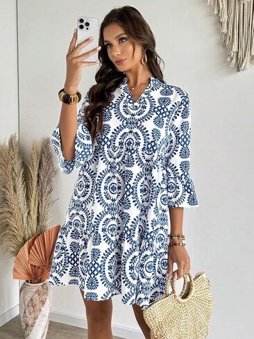 Women's Short Sleeve V Neck 3/4 Sleeve Floral Pleated Swing Casual Dress in Saudi Arabia