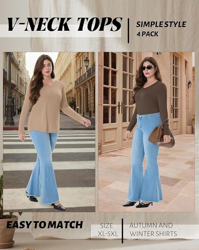 4 Pack Women's Plus Size Long Sleeve Shirts V Neck Basic Tunic Tops Loose Fit Curved Hem Tshirts Fall Clothes in Saudi Arabia