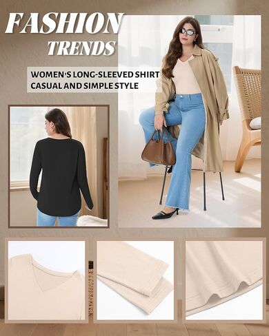 4 Pack Women's Plus Size Long Sleeve Shirts V Neck Basic Tunic Tops Loose Fit Curved Hem Tshirts Fall Clothes in Saudi Arabia