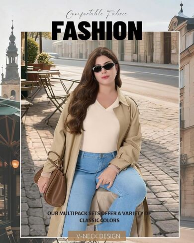 4 Pack Women's Plus Size Long Sleeve Shirts V Neck Basic Tunic Tops Loose Fit Curved Hem Tshirts Fall Clothes in Saudi Arabia