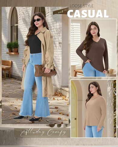 4 Pack Women's Plus Size Long Sleeve Shirts V Neck Basic Tunic Tops Loose Fit Curved Hem Tshirts Fall Clothes in Saudi Arabia