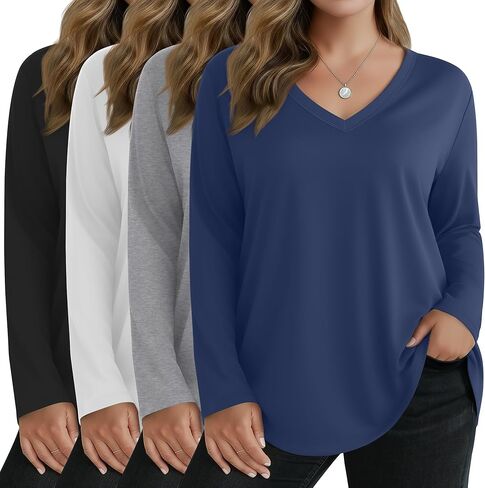 4 Pack Women's Plus Size Long Sleeve Shirts V Neck Basic Tunic Tops Loose Fit Curved Hem Tshirts Fall Clothes in Saudi Arabia
