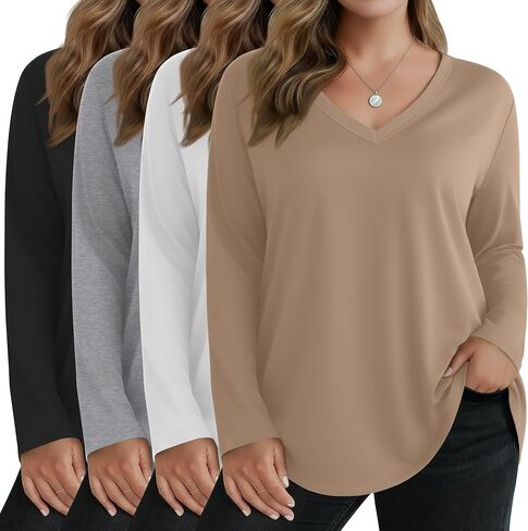 4 Pack Women's Plus Size Long Sleeve Shirts V Neck Basic Tunic Tops Loose Fit Curved Hem Tshirts Fall Clothes in Saudi Arabia