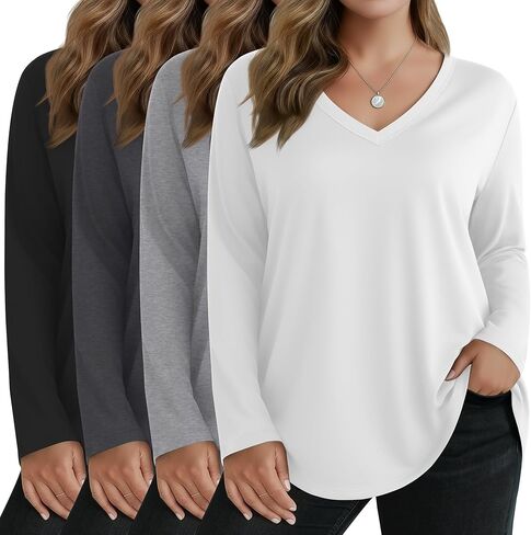 4 Pack Women's Plus Size Long Sleeve Shirts V Neck Basic Tunic Tops Loose Fit Curved Hem Tshirts Fall Clothes in Saudi Arabia