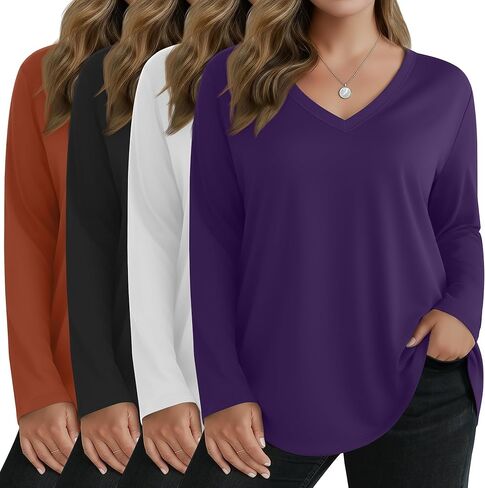 4 Pack Women's Plus Size Long Sleeve Shirts V Neck Basic Tunic Tops Loose Fit Curved Hem Tshirts Fall Clothes in Saudi Arabia