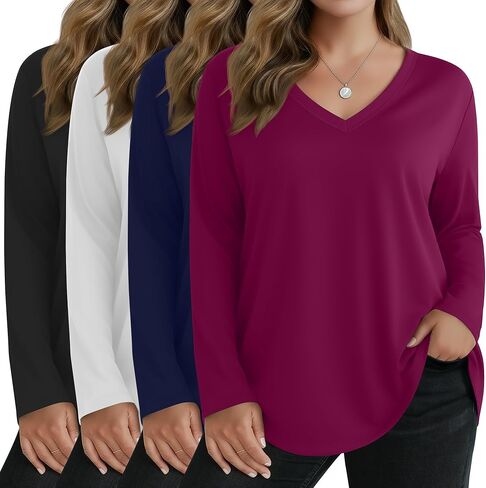 4 Pack Women's Plus Size Long Sleeve Shirts V Neck Basic Tunic Tops Loose Fit Curved Hem Tshirts Fall Clothes in Saudi Arabia