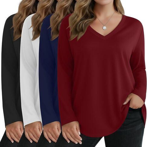 4 Pack Women's Plus Size Long Sleeve Shirts V Neck Basic Tunic Tops Loose Fit Curved Hem Tshirts Fall Clothes in Saudi Arabia