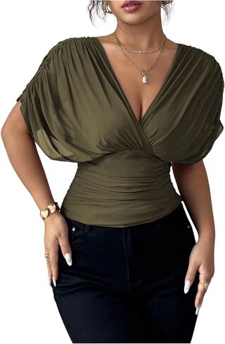 Milumia Women's Short Sleeve Ruched Mesh T Shirt Sexy V Neck Tie Back Shirred Tops in Saudi Arabia