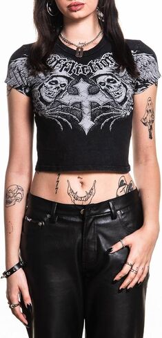Affliction Misfits Women's Crop Top T-Shirt, Black with Skull Graphic, Short Sleeve in Saudi Arabia