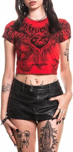 Affliction Misfits Women's Crop Top T-Shirt, Black with Skull Graphic, Short Sleeve in Saudi Arabia