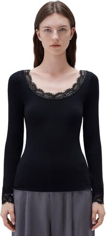 SUUKSESS Cloud Cashmere Women Lace Scoop Neck Tops Basic Long Sleeve Knit Shirts in Saudi Arabia