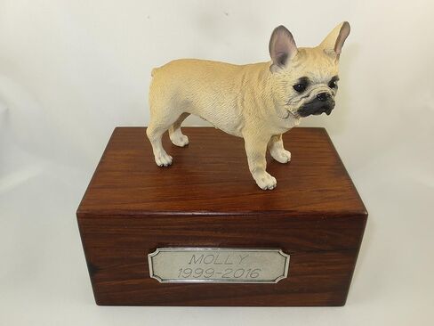 Beautiful Paulownia Small Wooden Urn with Fawn French Bulldog Figurine & Personalized Pewter Engraving in Saudi Arabia