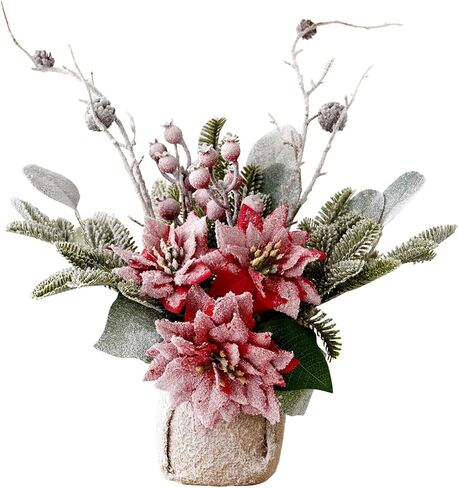 Artificial Poinsettias Christmas Flowers with Red Berry Pine Cone Branches Linen Base,12" Faux Poinsettias Plants for Home Office Table Fireplace Winter Indoor Christmas Decorations Red in Saudi Arabia
