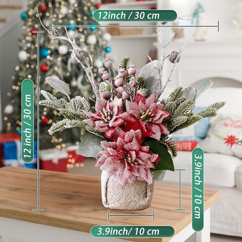 Artificial Poinsettias Christmas Flowers with Red Berry Pine Cone Branches Linen Base,12" Faux Poinsettias Plants for Home Office Table Fireplace Winter Indoor Christmas Decorations Red in Saudi Arabia