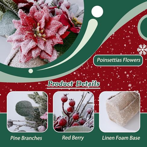 Artificial Poinsettias Christmas Flowers with Red Berry Pine Cone Branches Linen Base,12" Faux Poinsettias Plants for Home Office Table Fireplace Winter Indoor Christmas Decorations Red in Saudi Arabia