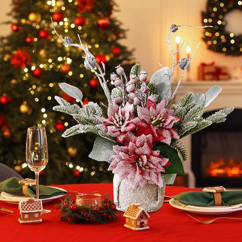 Artificial Poinsettias Christmas Flowers with Red Berry Pine Cone Branches Linen Base,12" Faux Poinsettias Plants for Home Office Table Fireplace Winter Indoor Christmas Decorations Red in Saudi Arabia