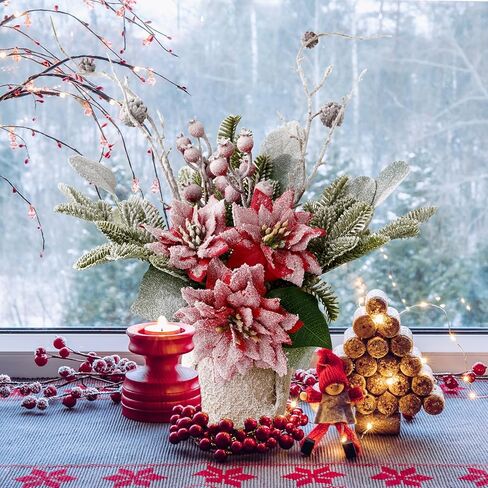 Artificial Poinsettias Christmas Flowers with Red Berry Pine Cone Branches Linen Base,12" Faux Poinsettias Plants for Home Office Table Fireplace Winter Indoor Christmas Decorations Red in Saudi Arabia