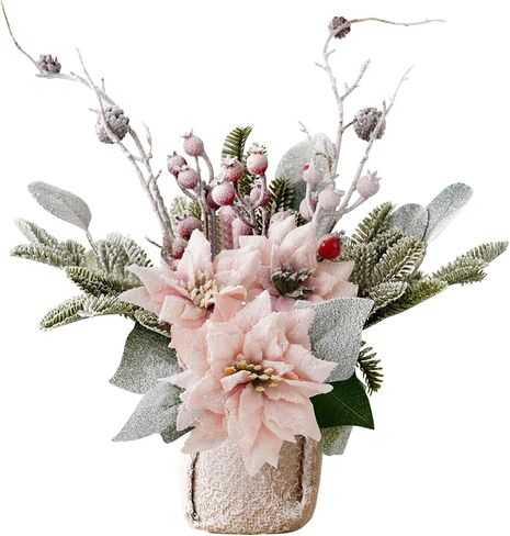 Artificial Poinsettias Christmas Flowers with Red Berry Pine Cone Branches Linen Base,12" Faux Poinsettias Plants for Home Office Table Fireplace Winter Indoor Christmas Decorations Red in Saudi Arabia